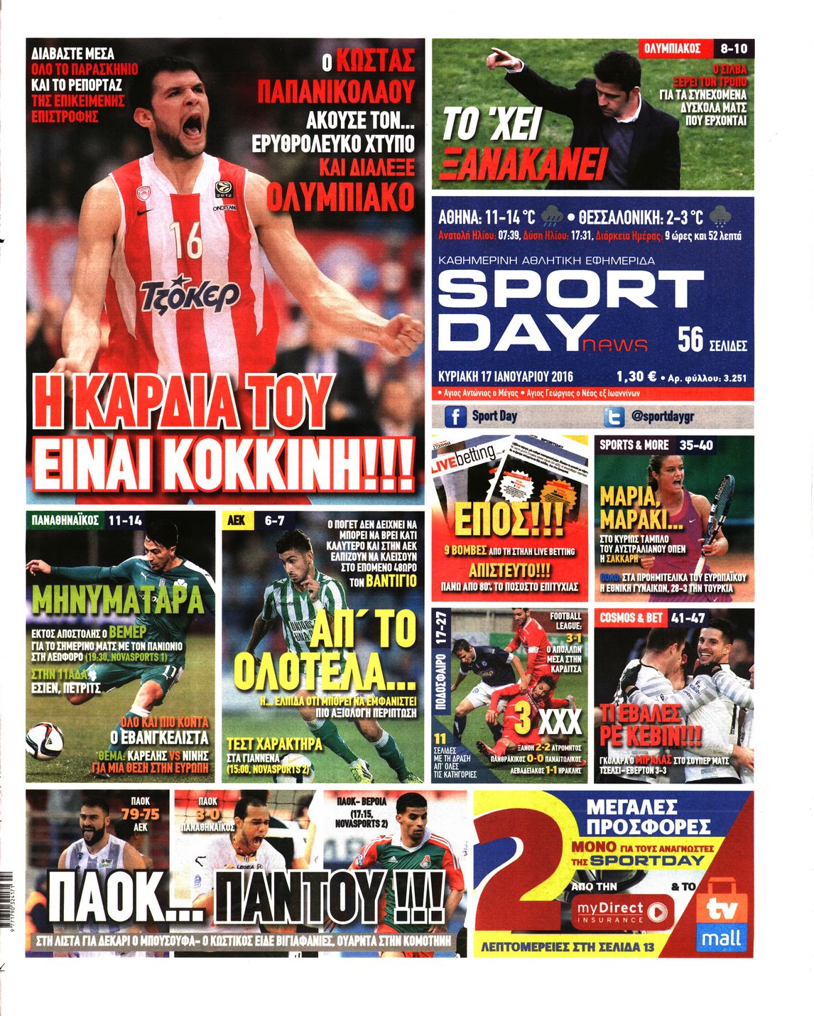 Εξώφυλο εφημερίδας SPORTDAY 2016-01-17