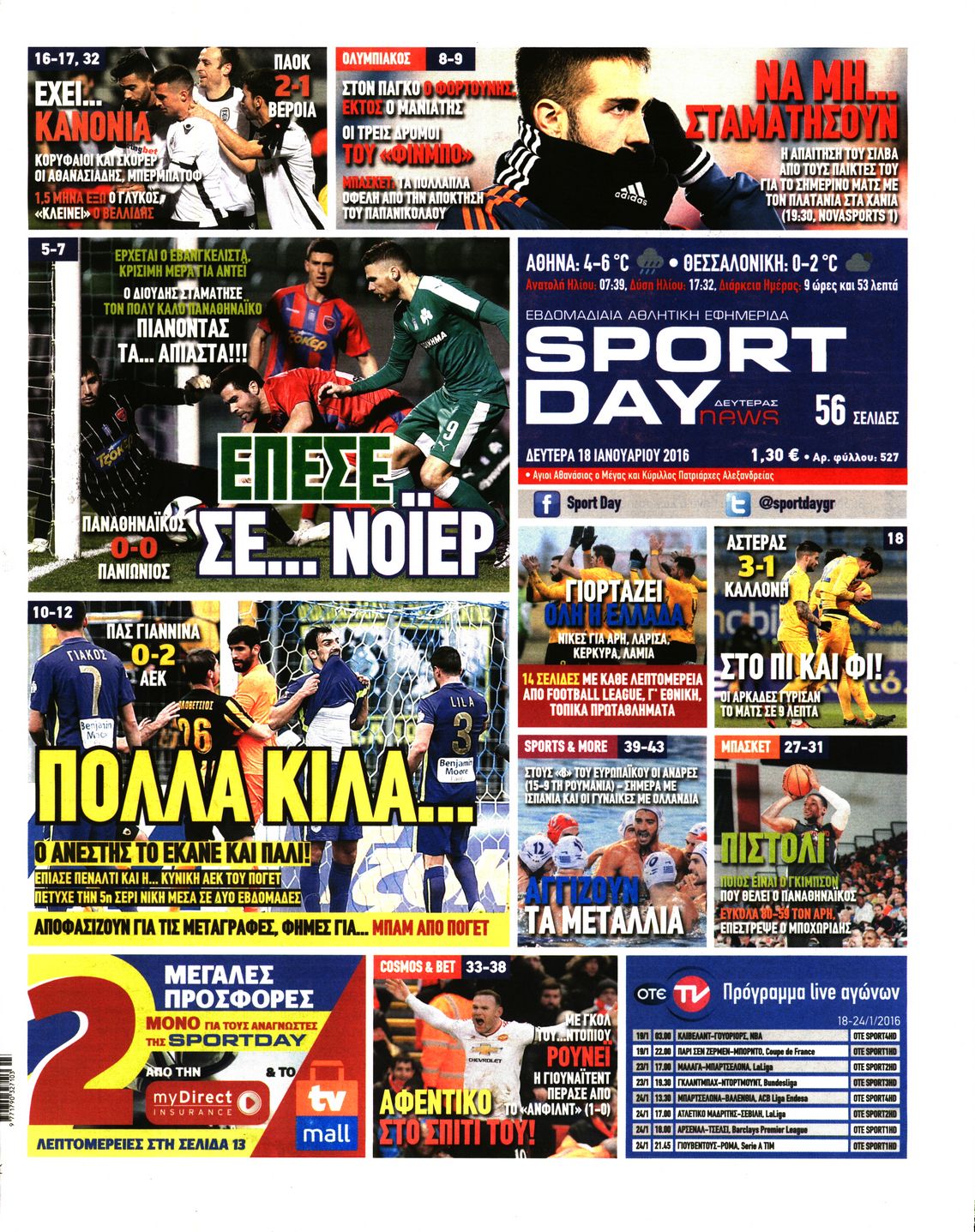 Εξώφυλο εφημερίδας SPORTDAY 2016-01-18