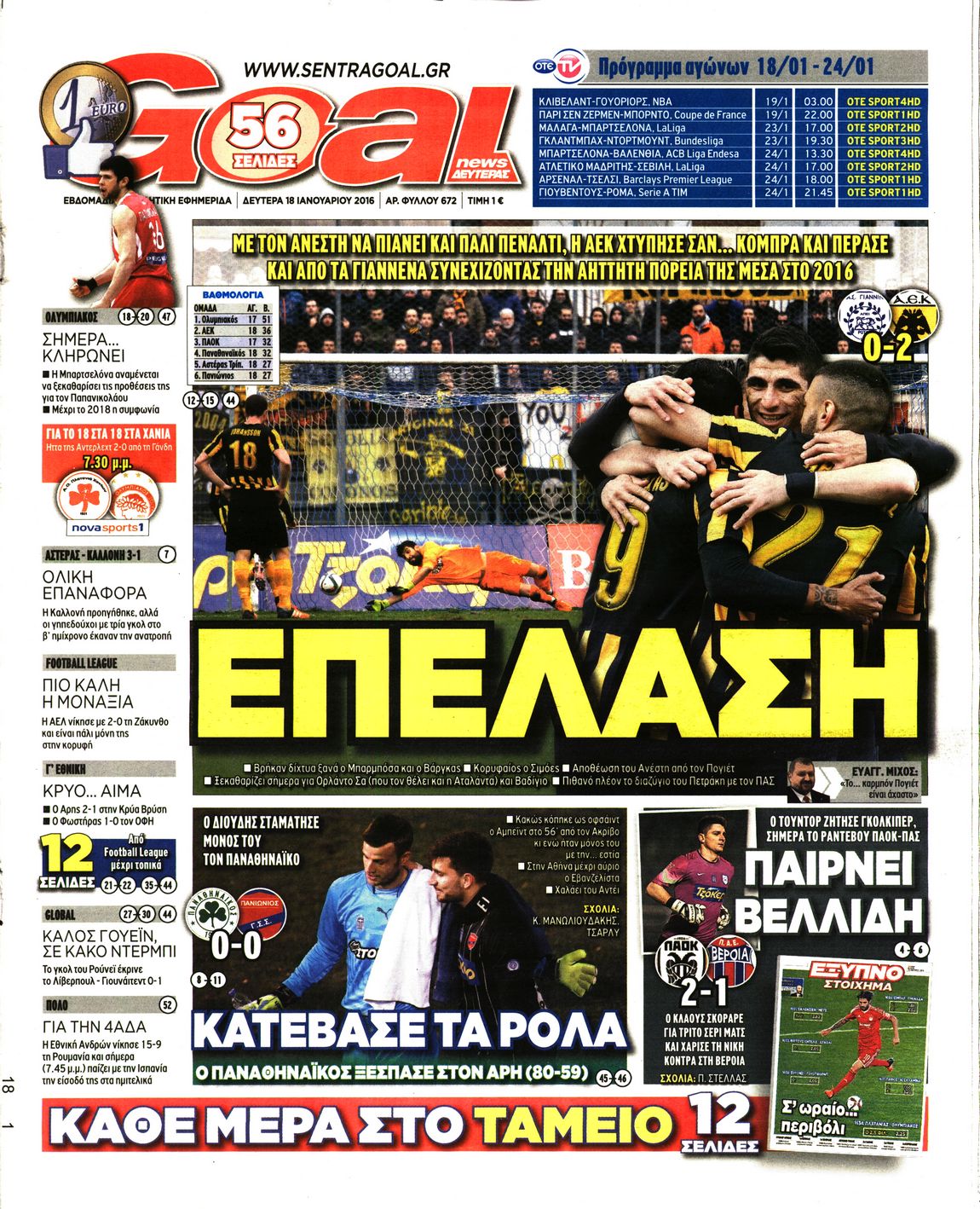 Εξώφυλο εφημερίδας GOAL 2016-01-18