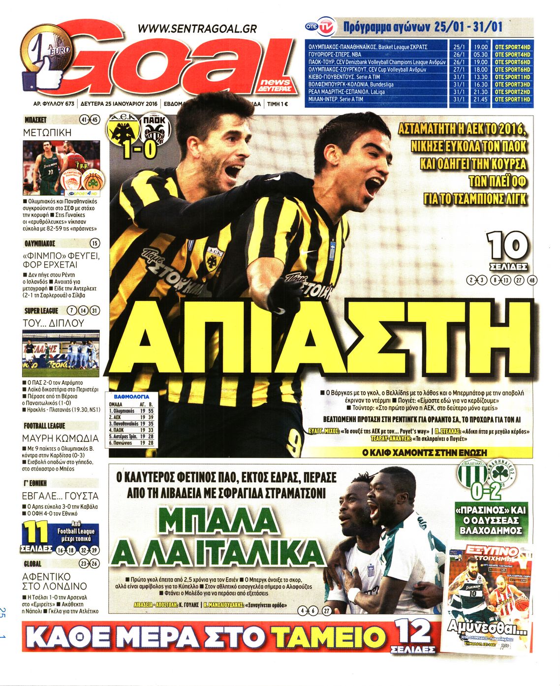 Εξώφυλο εφημερίδας GOAL 2016-01-25