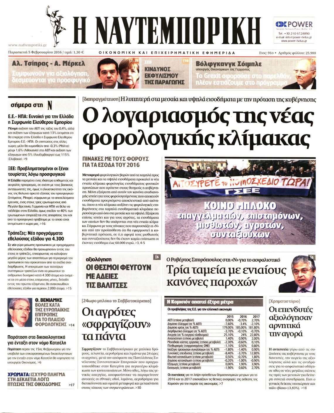 Εξώφυλο εφημερίδας ΝΑΥΤΕΜΠΟΡΙΚΗ 2016-02-05