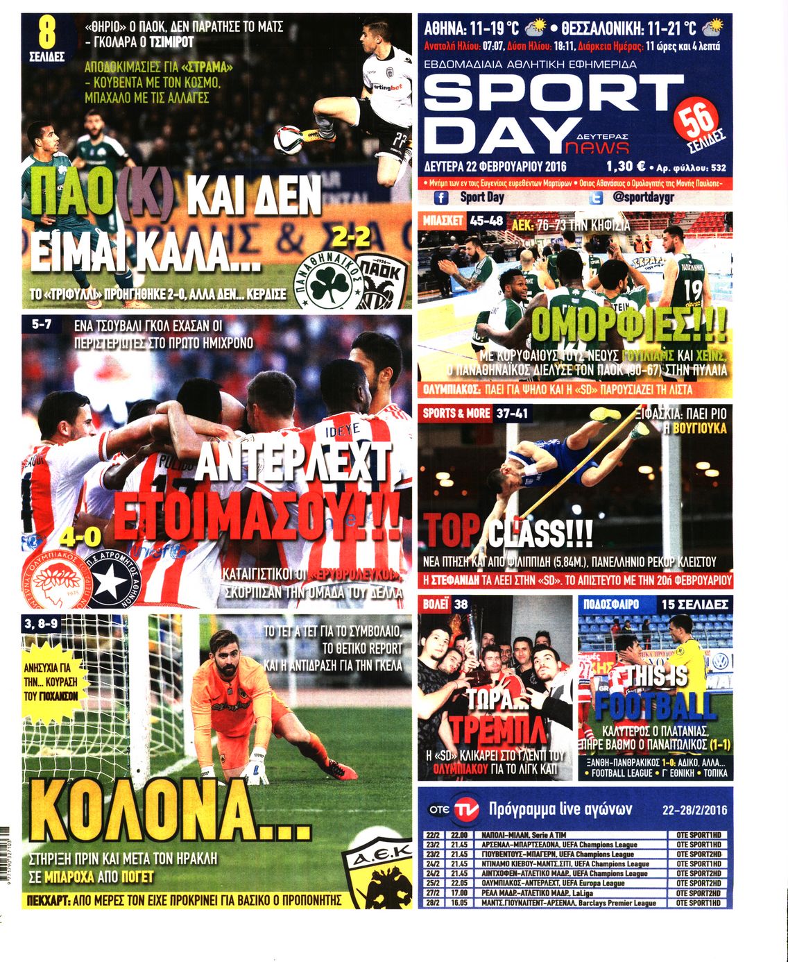 Εξώφυλο εφημερίδας SPORTDAY 2016-02-22