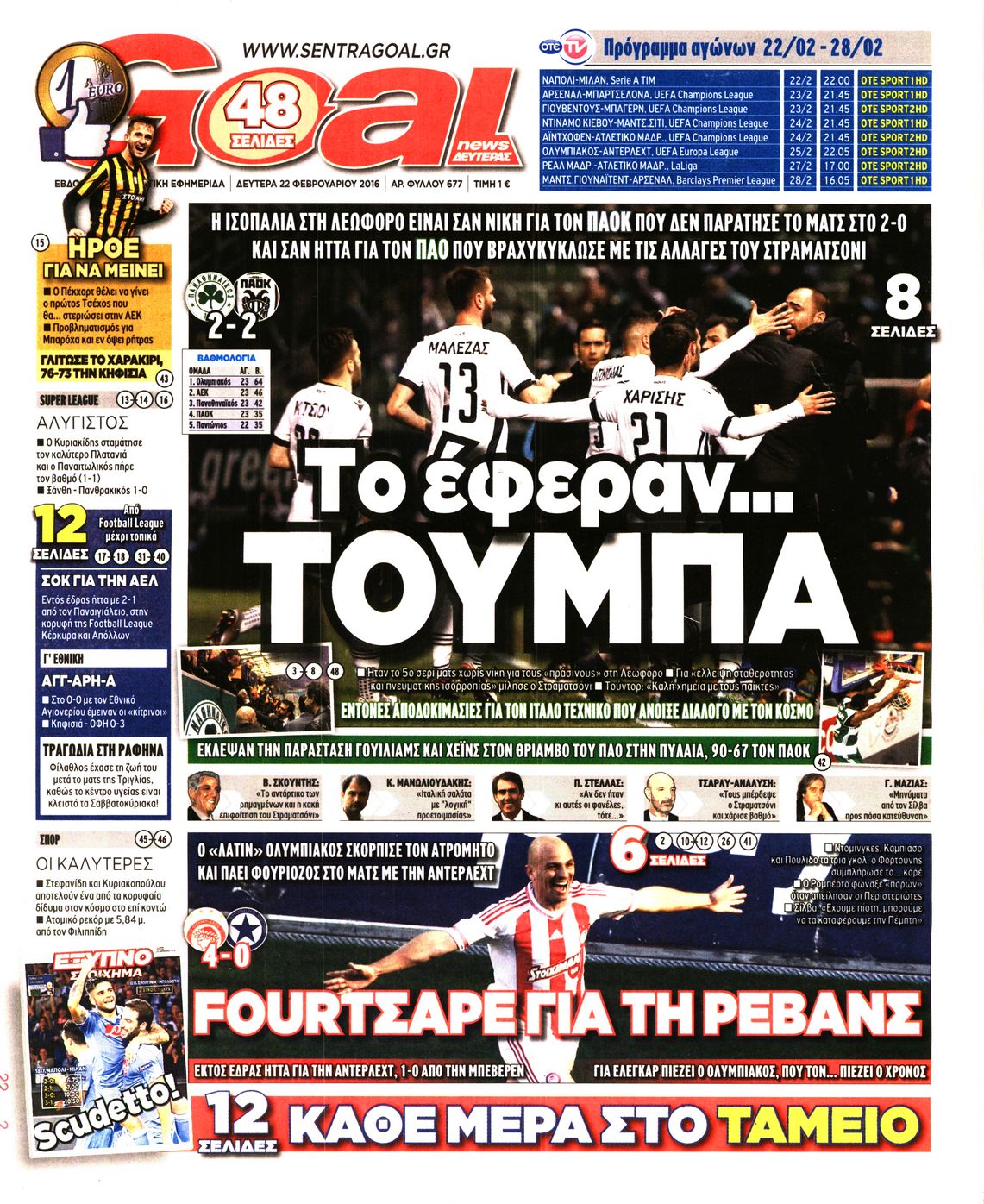 Εξώφυλο εφημερίδας GOAL 2016-02-22