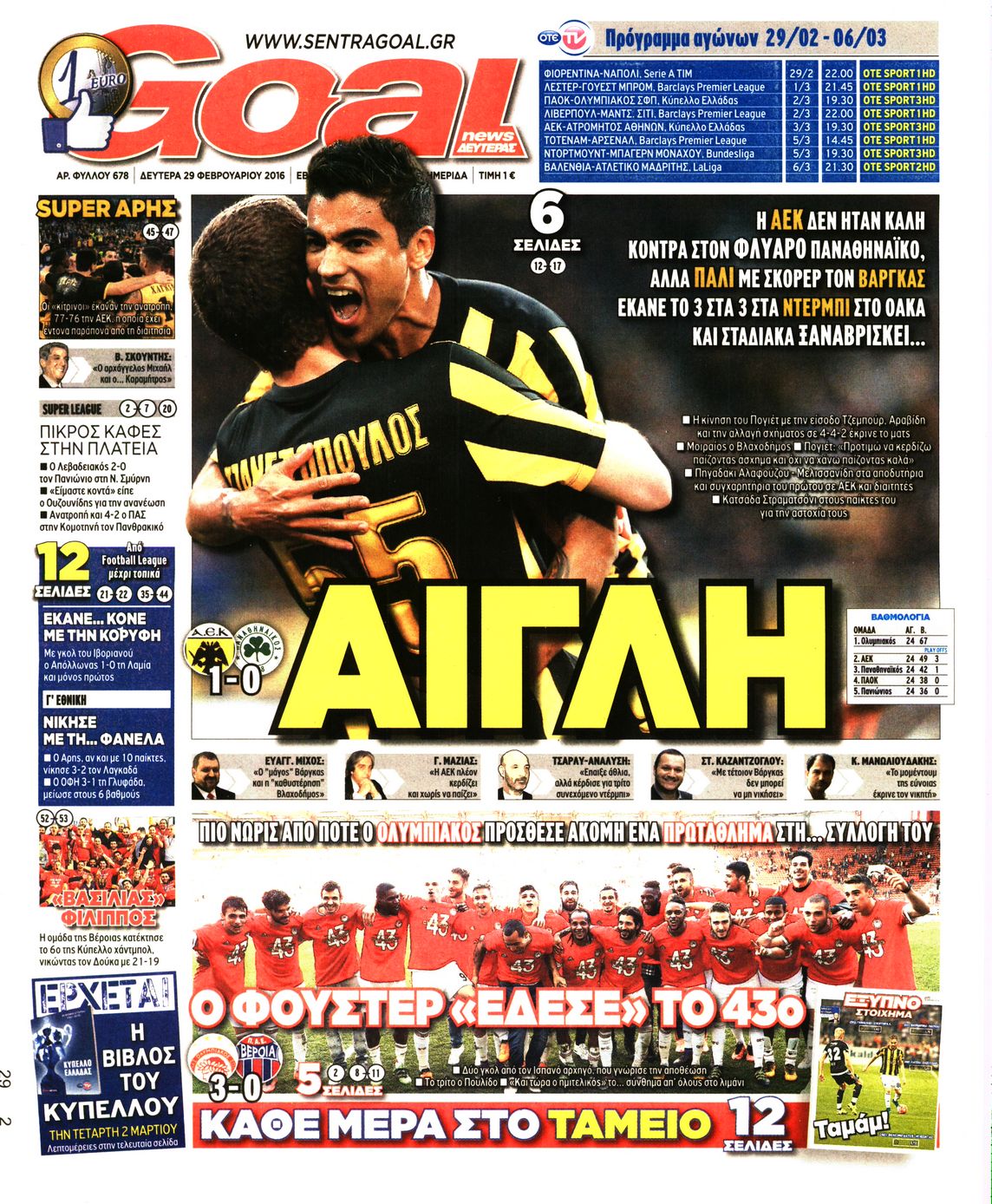 Εξώφυλο εφημερίδας GOAL 2016-02-29