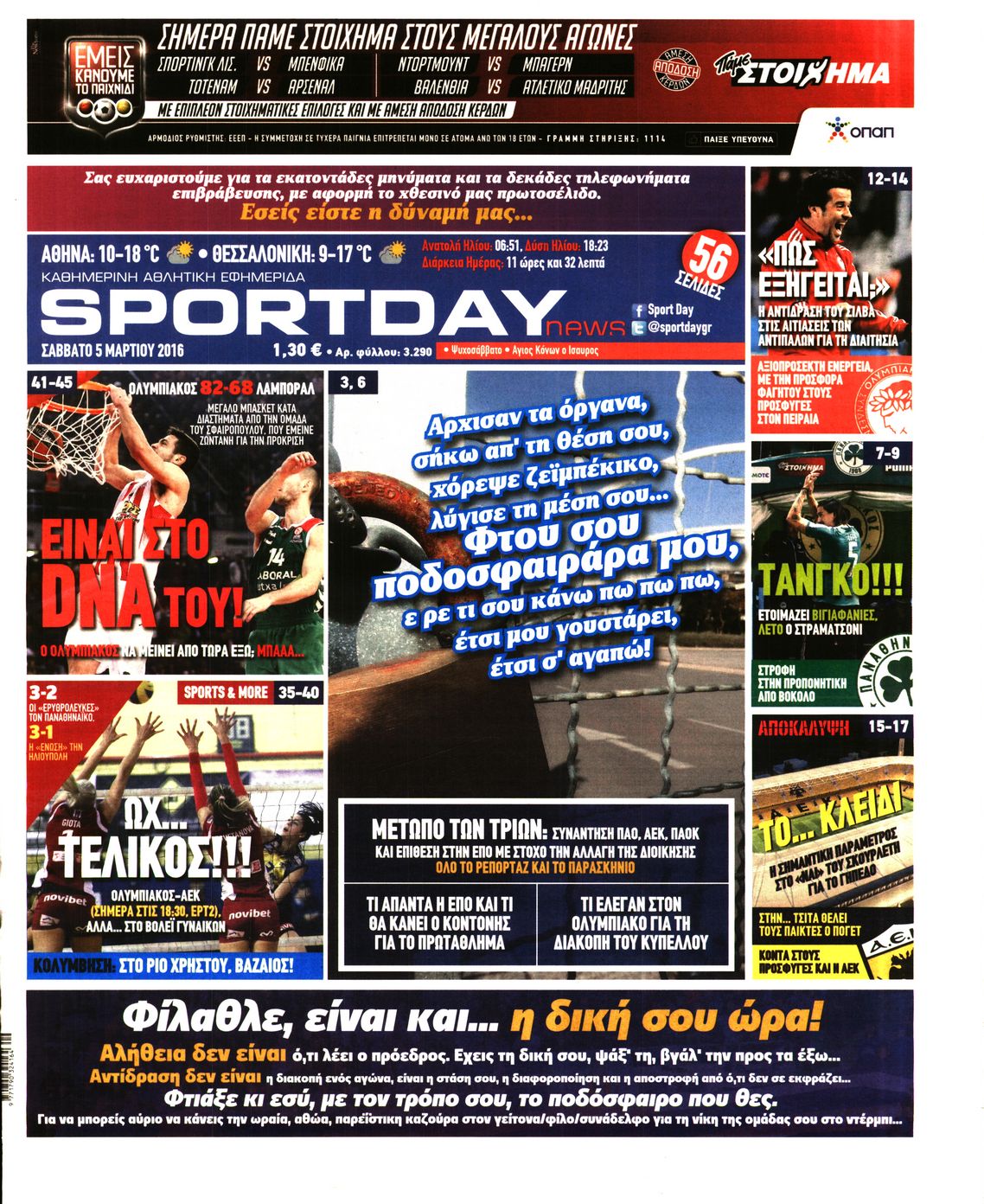 Εξώφυλο εφημερίδας SPORTDAY 2016-03-05