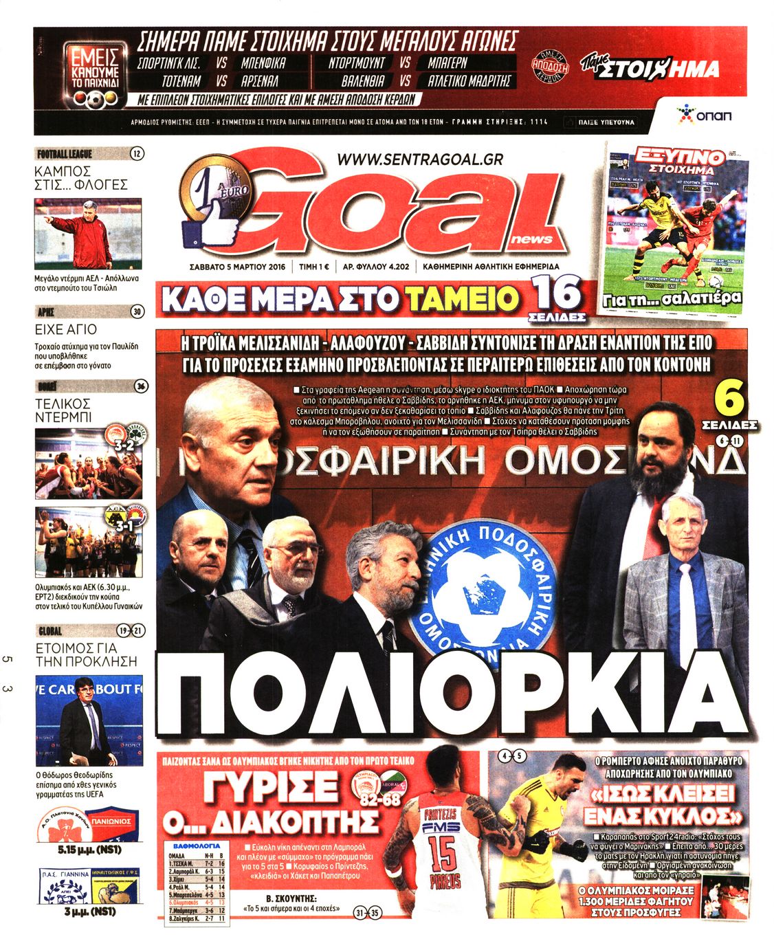 Εξώφυλο εφημερίδας GOAL 2016-03-05