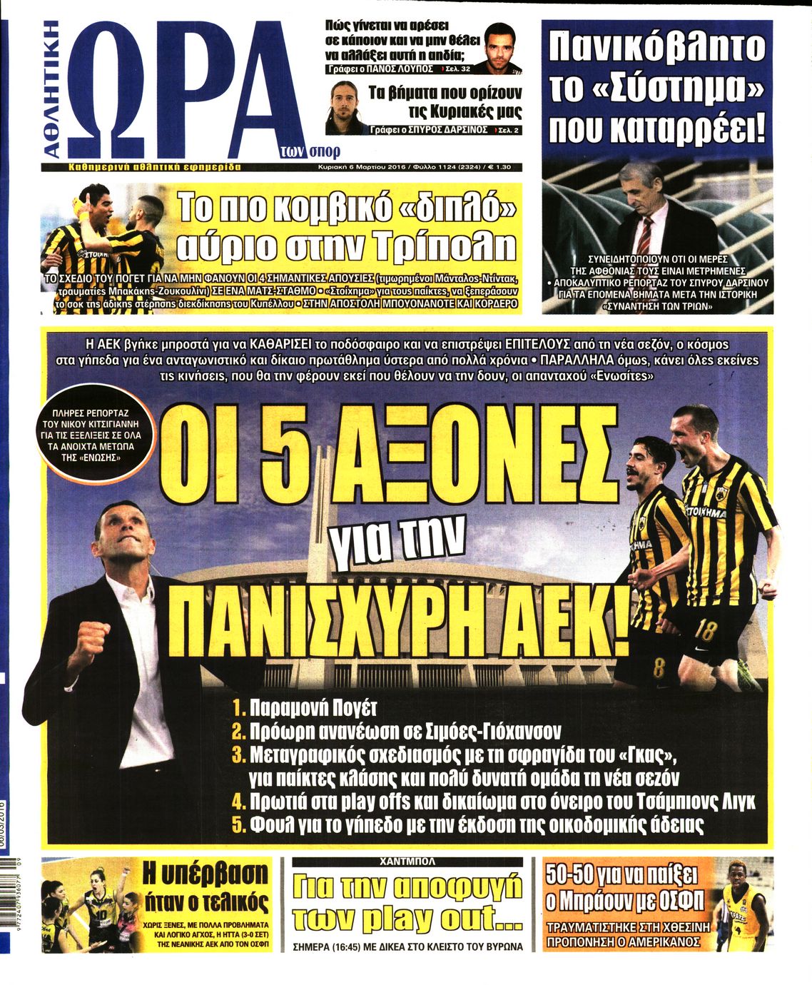 Εξώφυλο εφημερίδας ΩΡΑ ΓΙΑ ΣΠΟΡ 2016-03-06