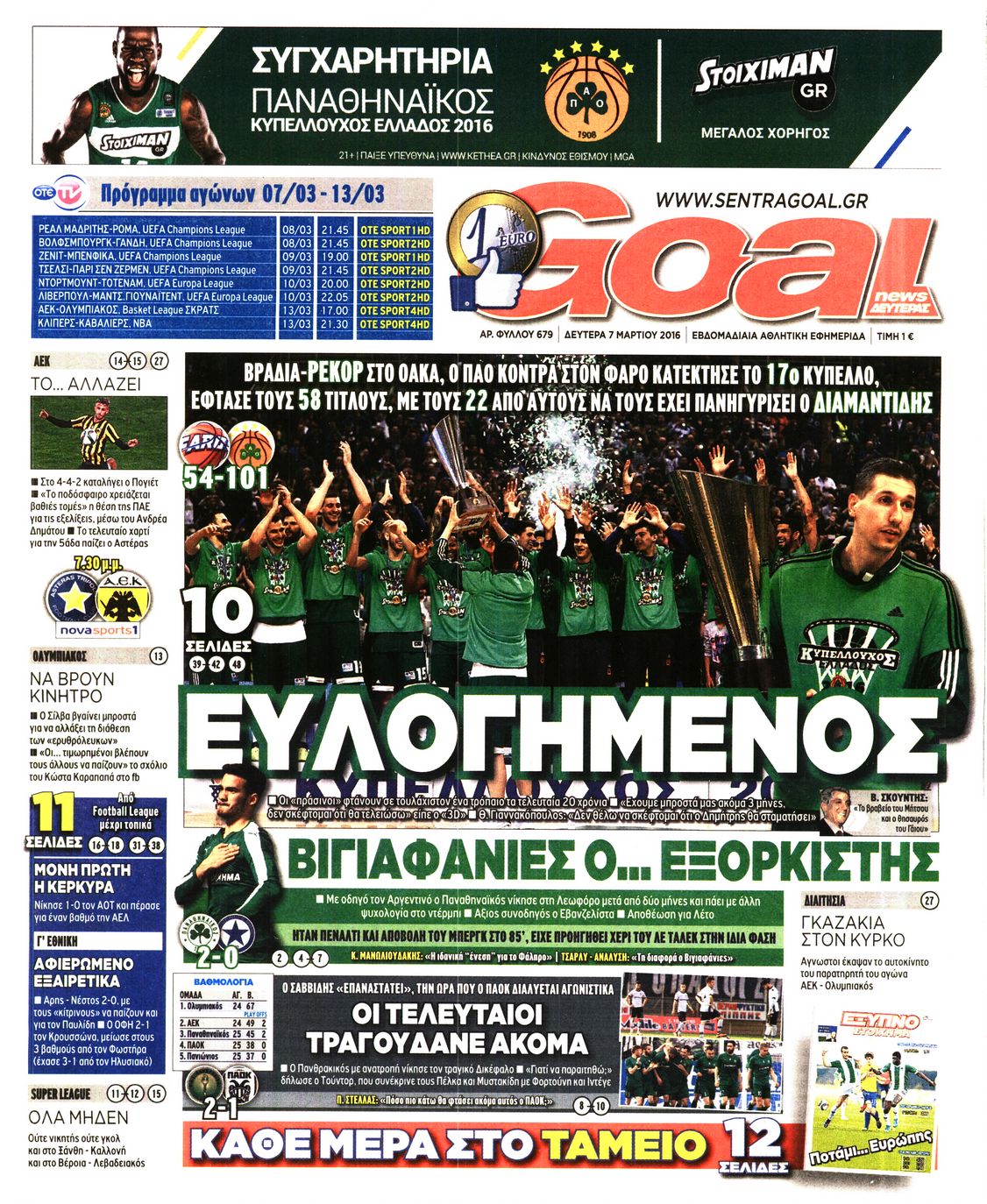 Εξώφυλο εφημερίδας GOAL 2016-03-07