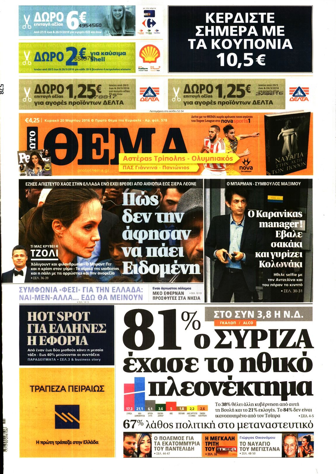 Εξώφυλο εφημερίδας ΠΡΩΤΟ ΘΕΜΑ 2016-03-20