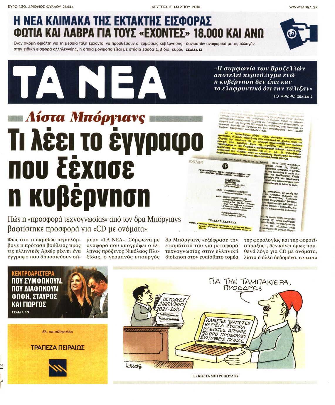 Εξώφυλο εφημερίδας ΤΑ ΝΕΑ 2016-03-21