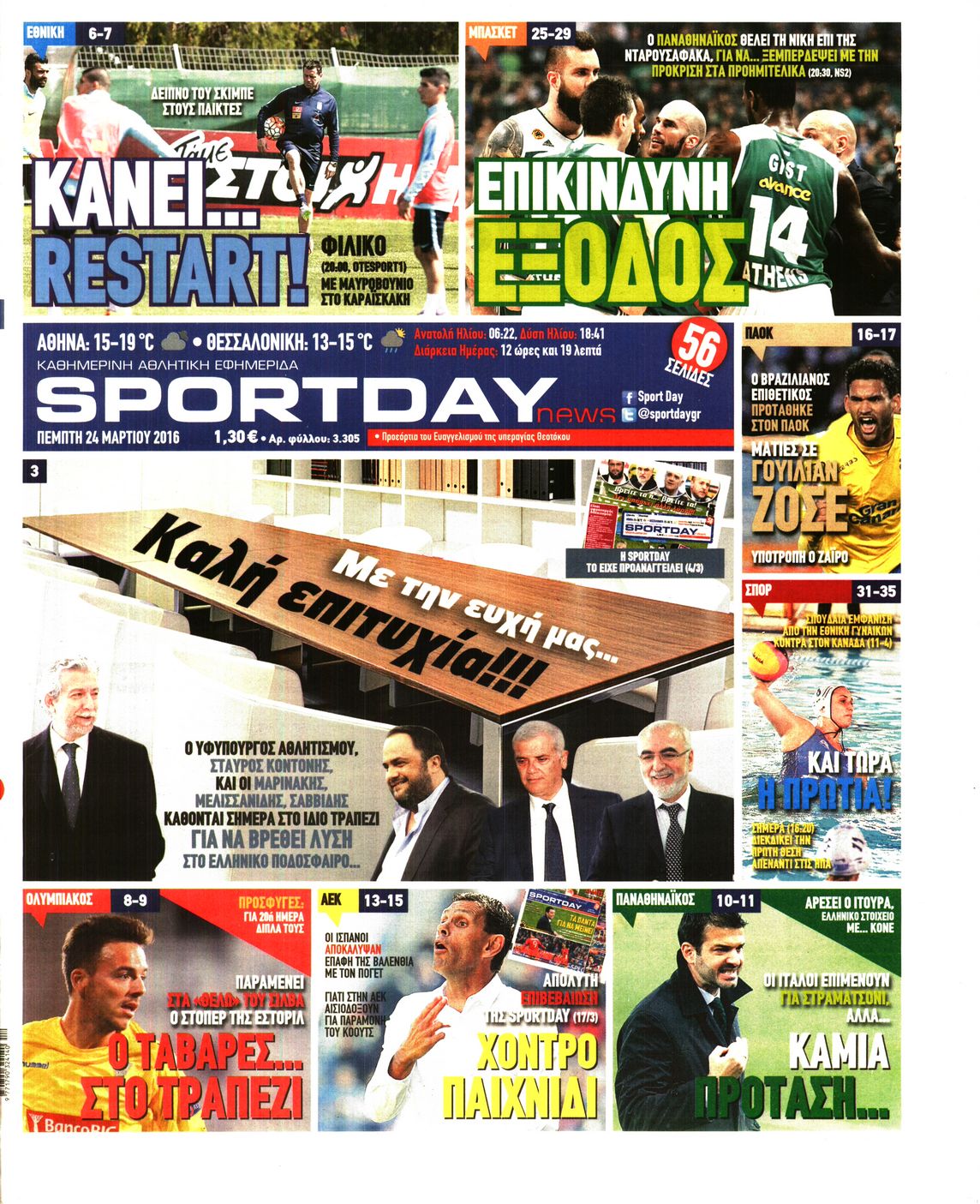 Εξώφυλο εφημερίδας SPORTDAY 2016-03-24