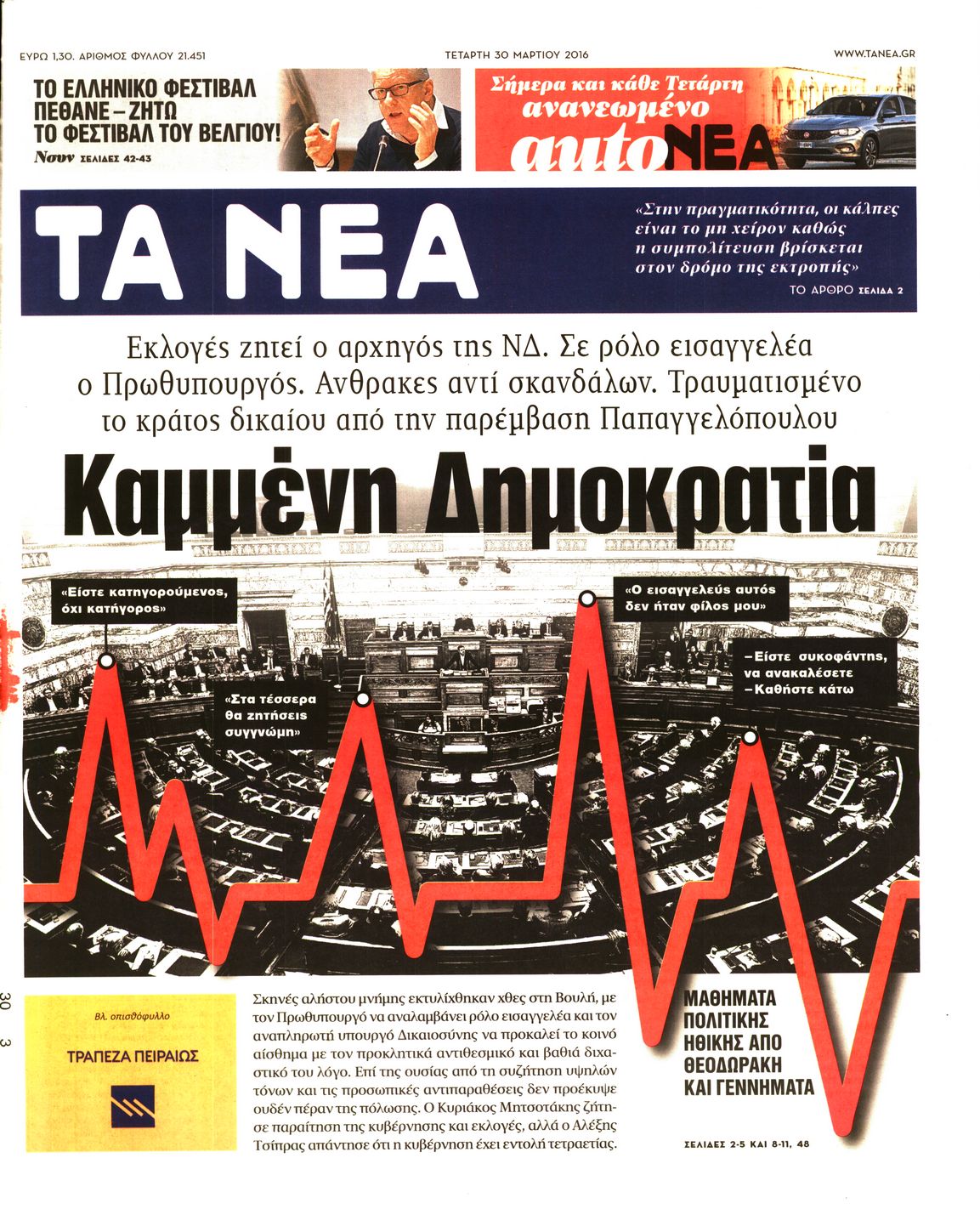 Εξώφυλο εφημερίδας ΤΑ ΝΕΑ 2016-03-30