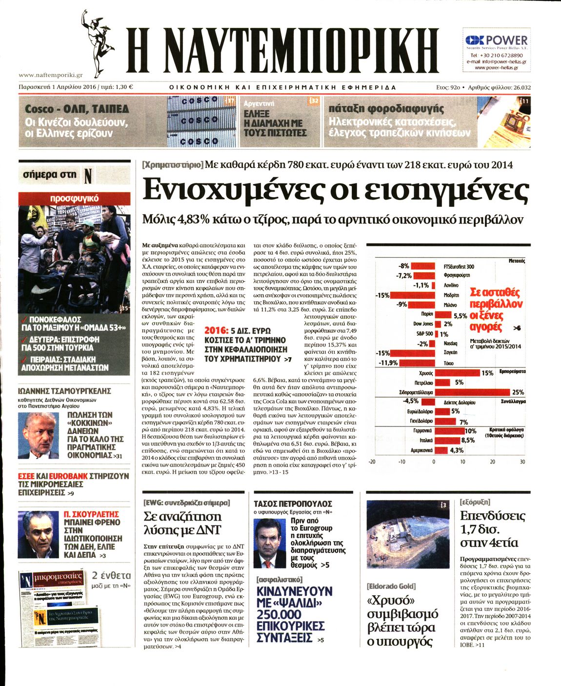 Εξώφυλο εφημερίδας ΝΑΥΤΕΜΠΟΡΙΚΗ 2016-04-01
