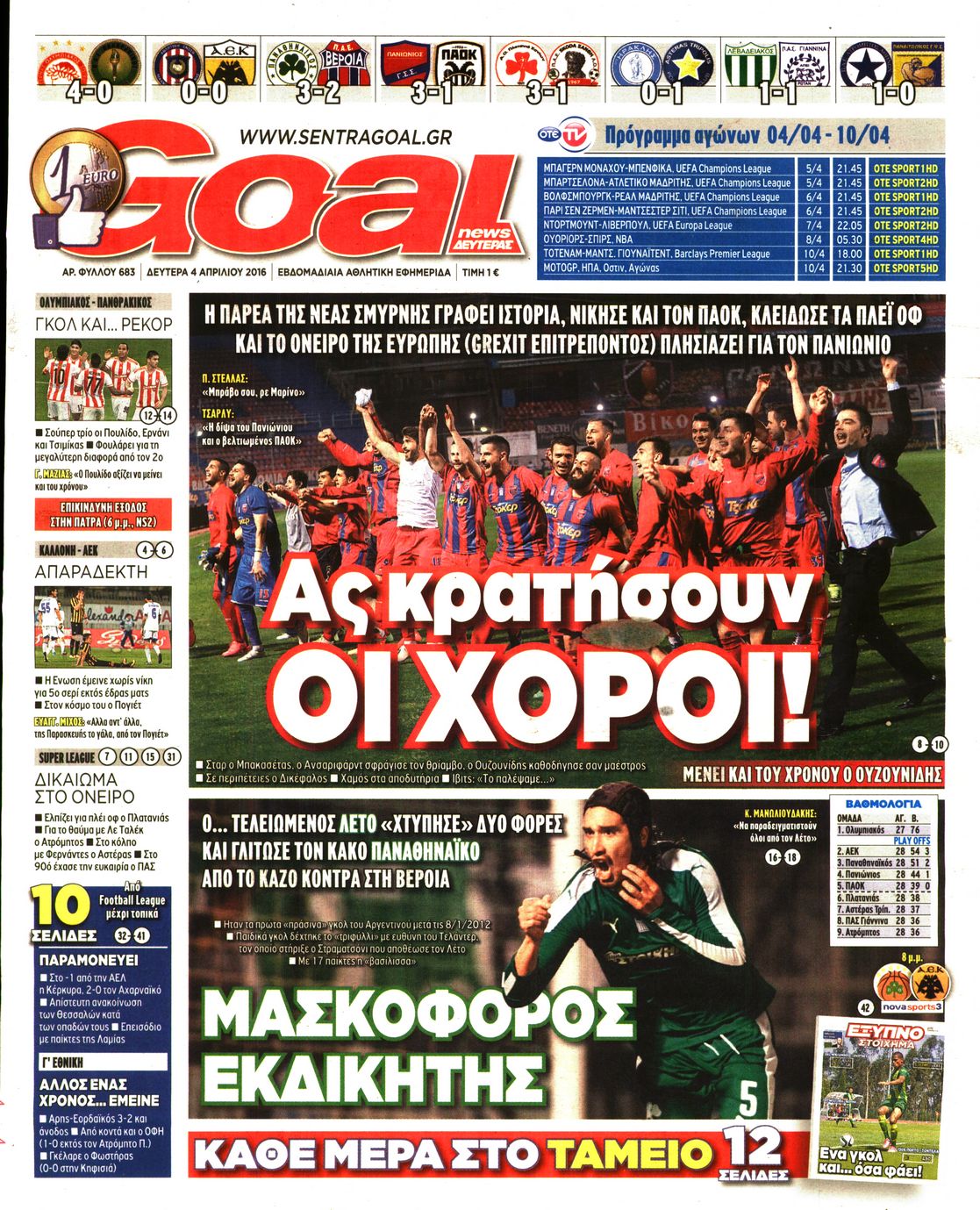 Εξώφυλο εφημερίδας GOAL 2016-04-04