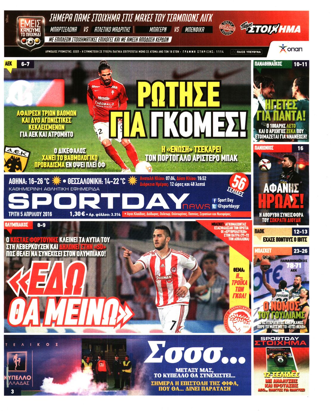 Εξώφυλο εφημερίδας SPORTDAY 2016-04-05