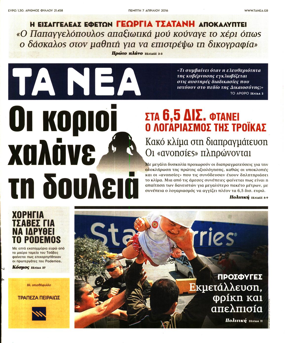 Εξώφυλο εφημερίδας ΤΑ ΝΕΑ 2016-04-07