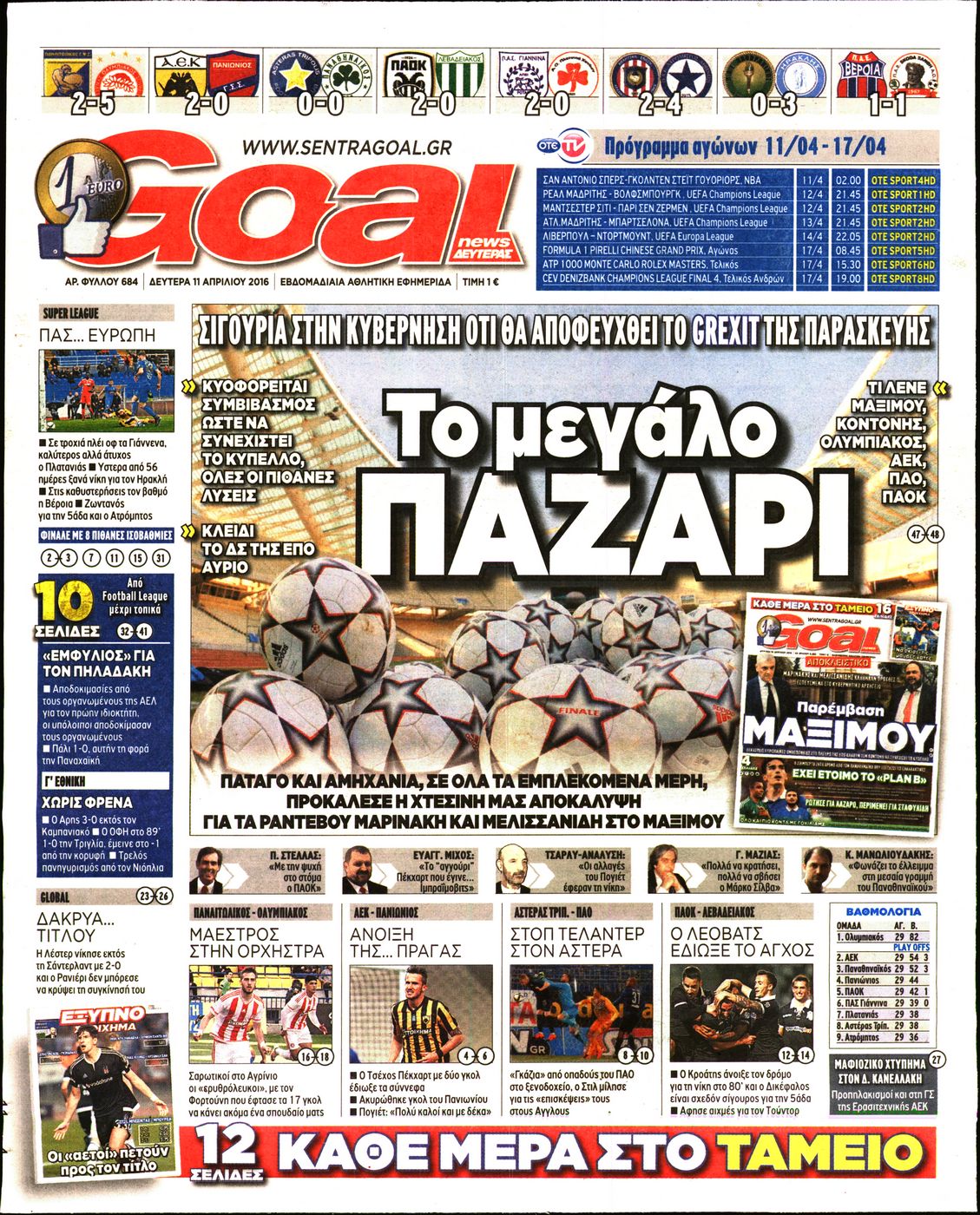 Εξώφυλο εφημερίδας GOAL 2016-04-11