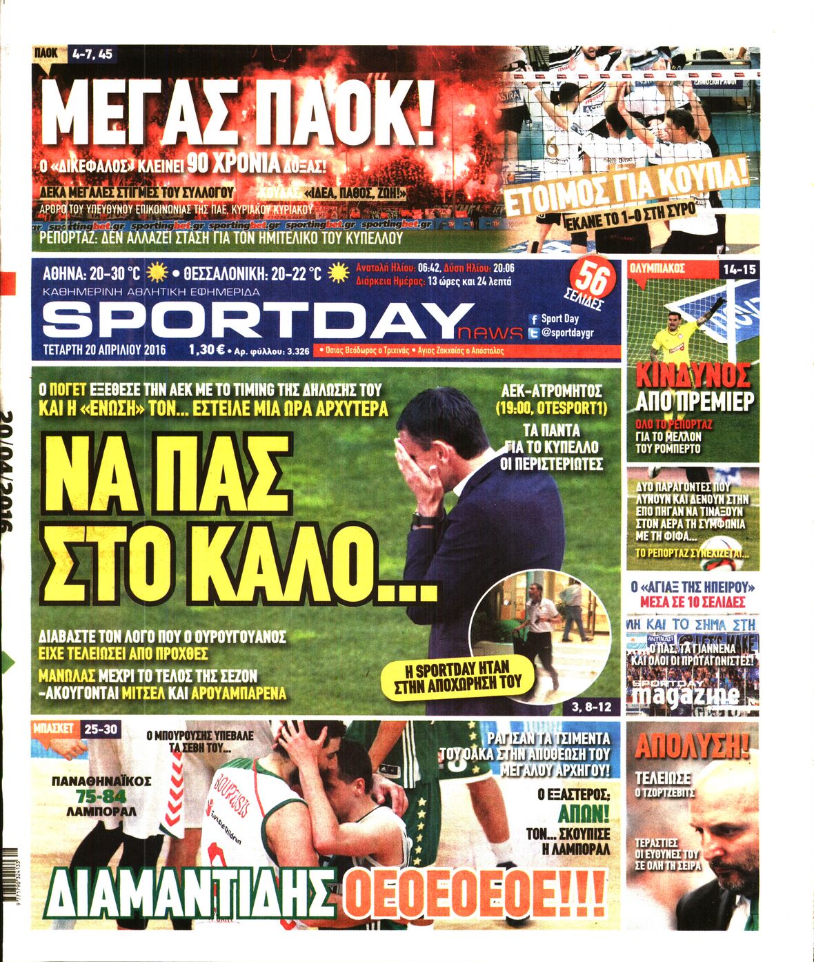 Εξώφυλο εφημερίδας SPORTDAY 2016-04-20