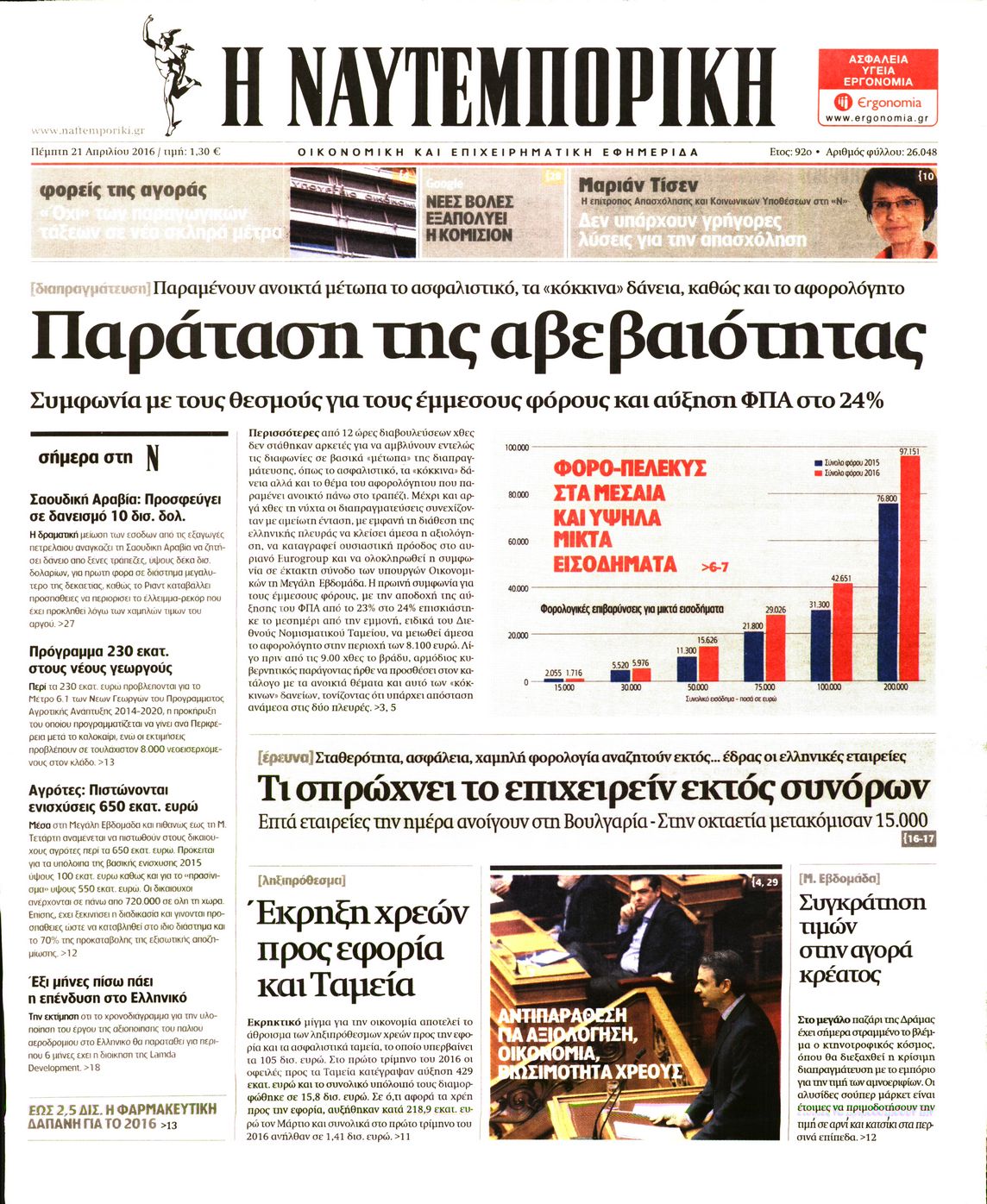 Εξώφυλο εφημερίδας ΝΑΥΤΕΜΠΟΡΙΚΗ 2016-04-21
