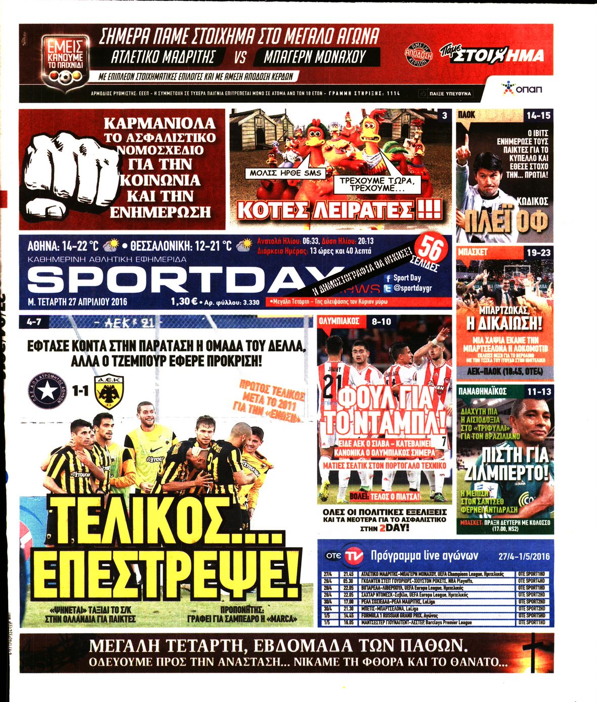 Εξώφυλο εφημερίδας SPORTDAY 2016-04-27