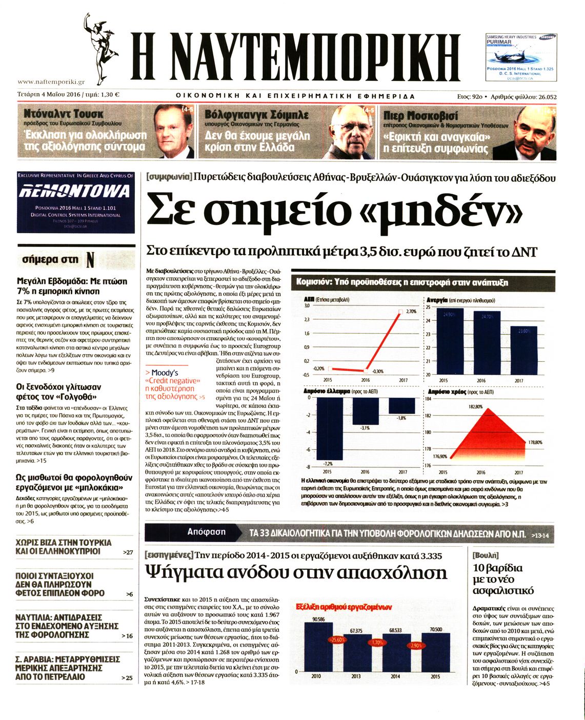 Εξώφυλο εφημερίδας ΝΑΥΤΕΜΠΟΡΙΚΗ 2016-05-04