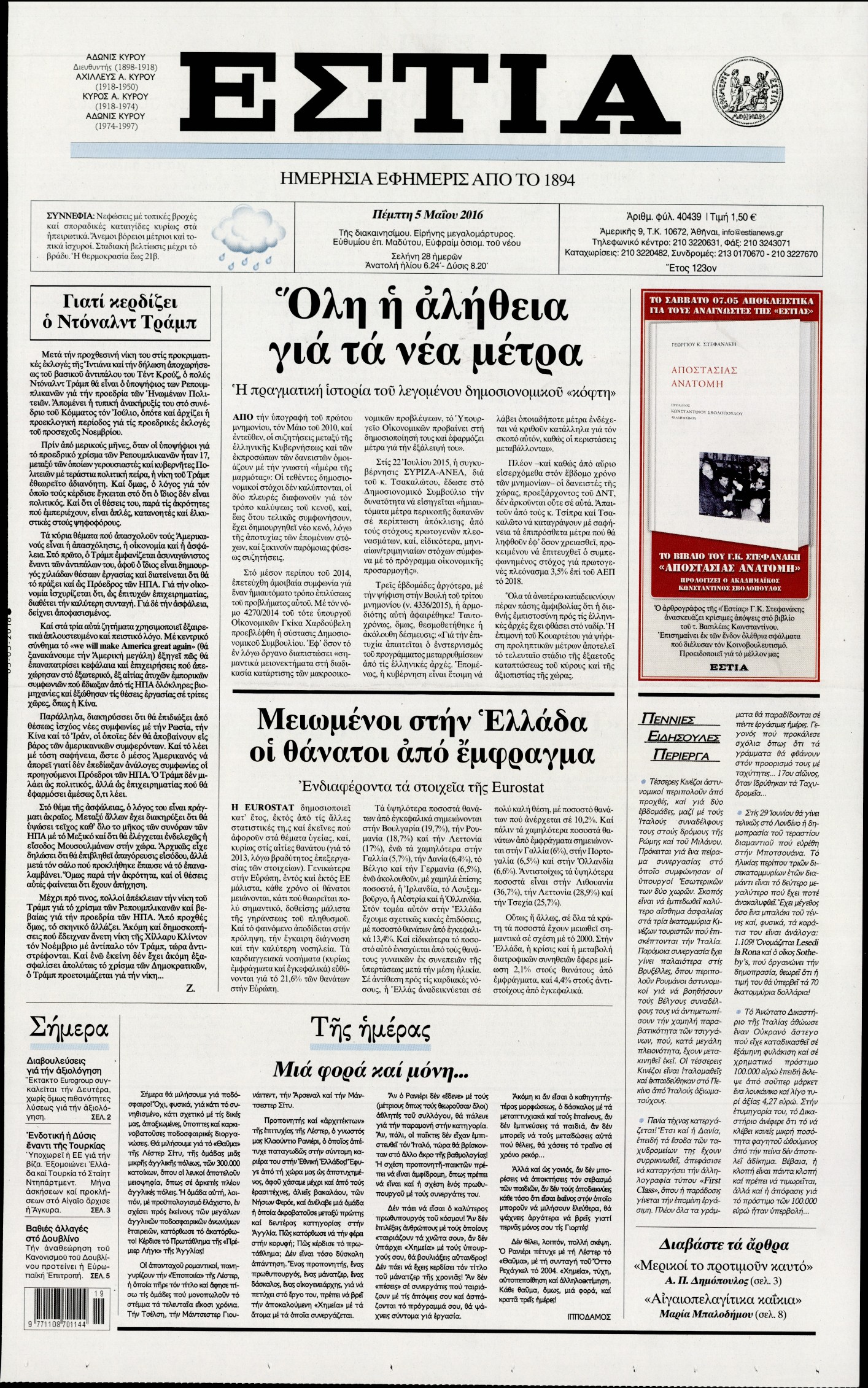 Εξώφυλο εφημερίδας ΕΣΤΙΑ 2016-05-05