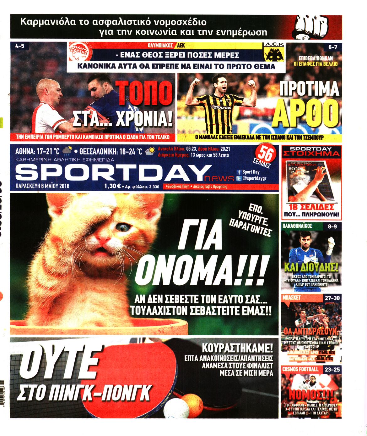 Εξώφυλο εφημερίδας SPORTDAY 2016-05-06