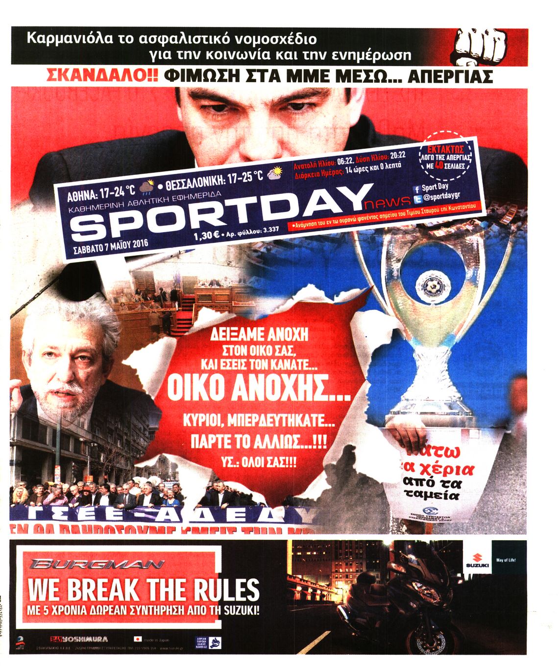 Εξώφυλο εφημερίδας SPORTDAY 2016-05-07