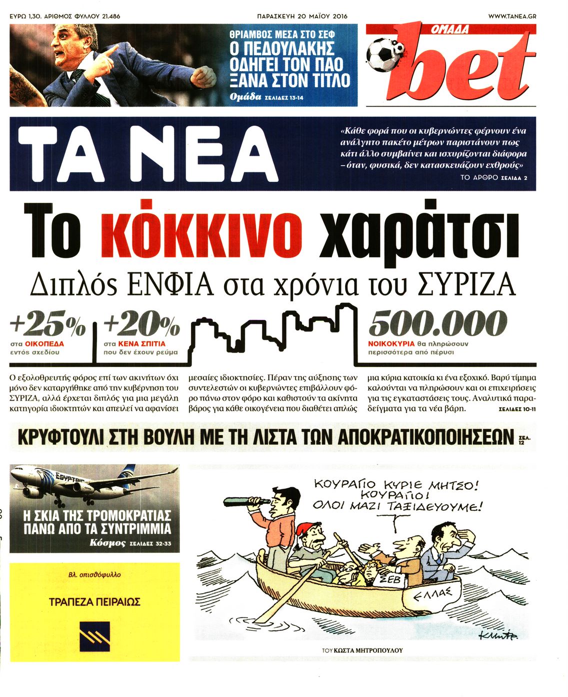 Εξώφυλο εφημερίδας ΤΑ ΝΕΑ 2016-05-20