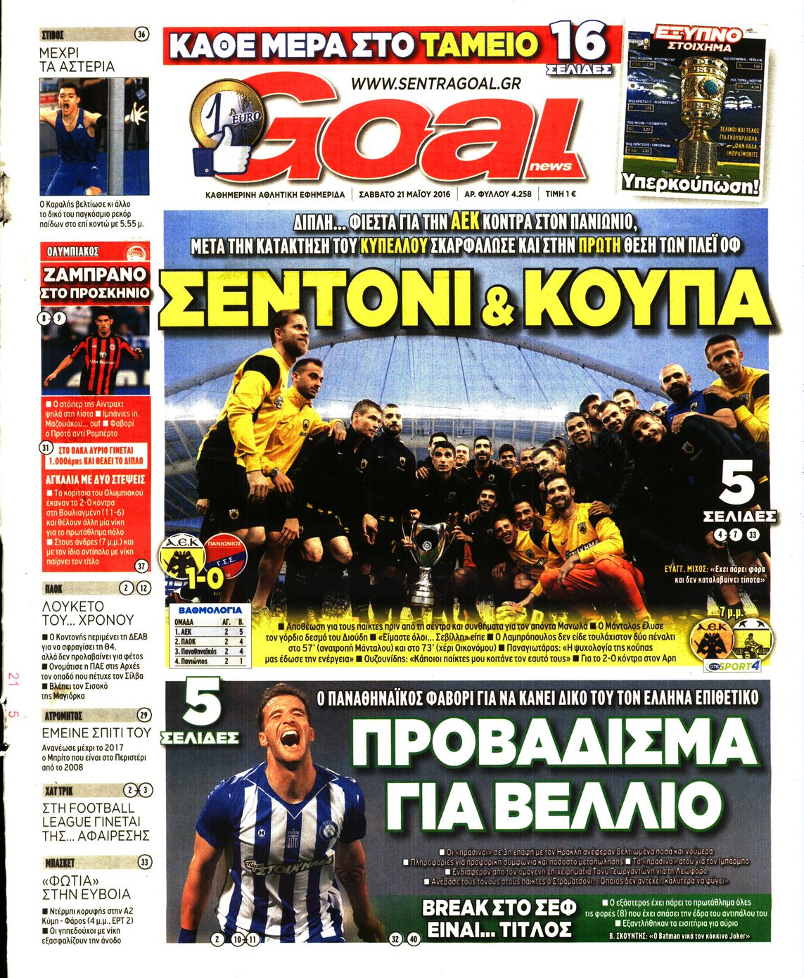 Εξώφυλο εφημερίδας GOAL 2016-05-21