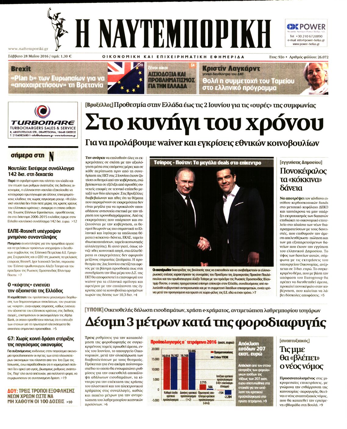 Εξώφυλο εφημερίδας ΝΑΥΤΕΜΠΟΡΙΚΗ 2016-05-28