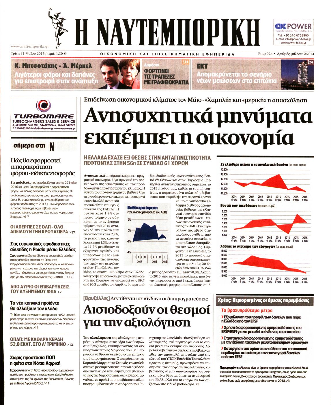 Εξώφυλο εφημερίδας ΝΑΥΤΕΜΠΟΡΙΚΗ 2016-05-31