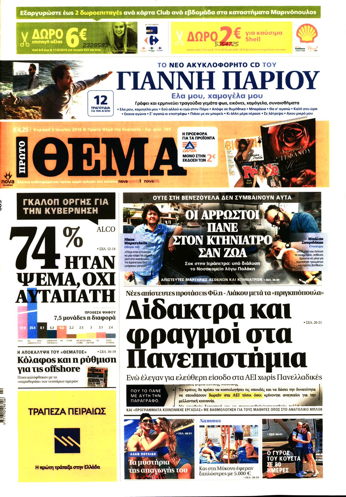 Εξώφυλο εφημερίδας ΠΡΩΤΟ ΘΕΜΑ 2016-06-05