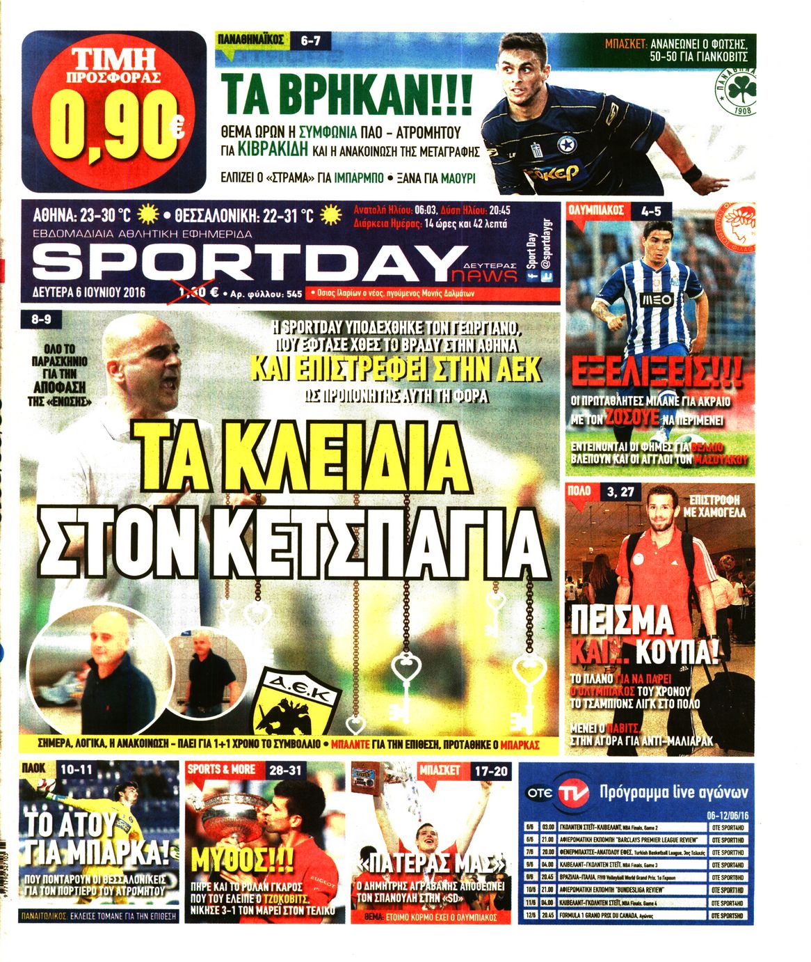 Εξώφυλο εφημερίδας SPORTDAY 2016-06-06