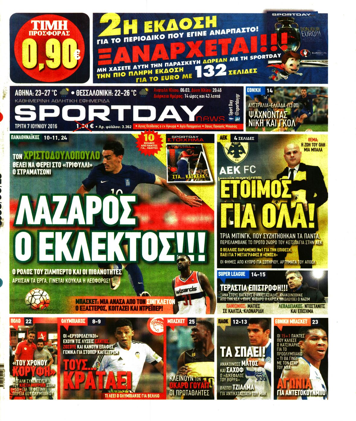 Εξώφυλο εφημερίδας SPORTDAY 2016-06-07