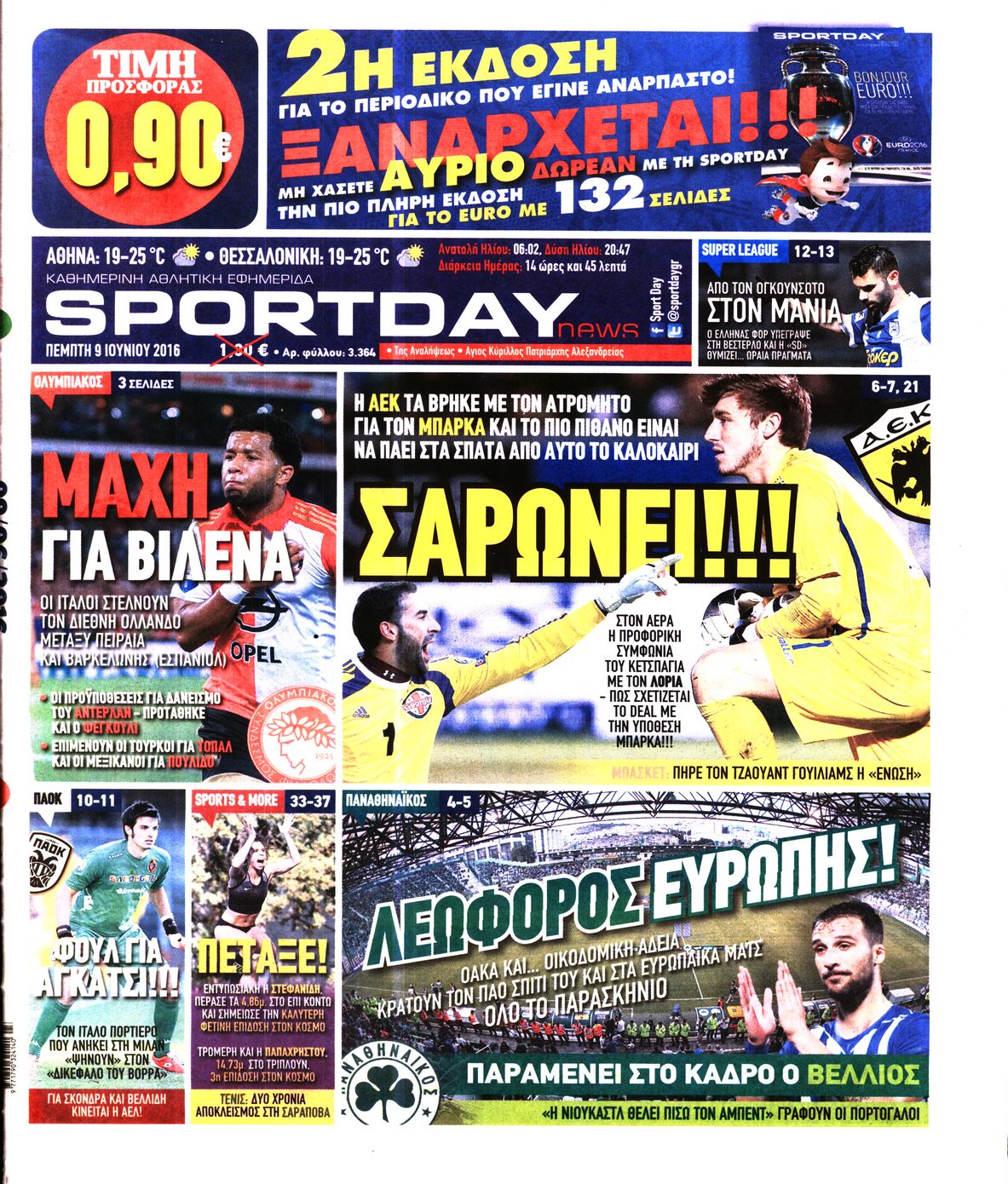 Εξώφυλο εφημερίδας SPORTDAY 2016-06-09
