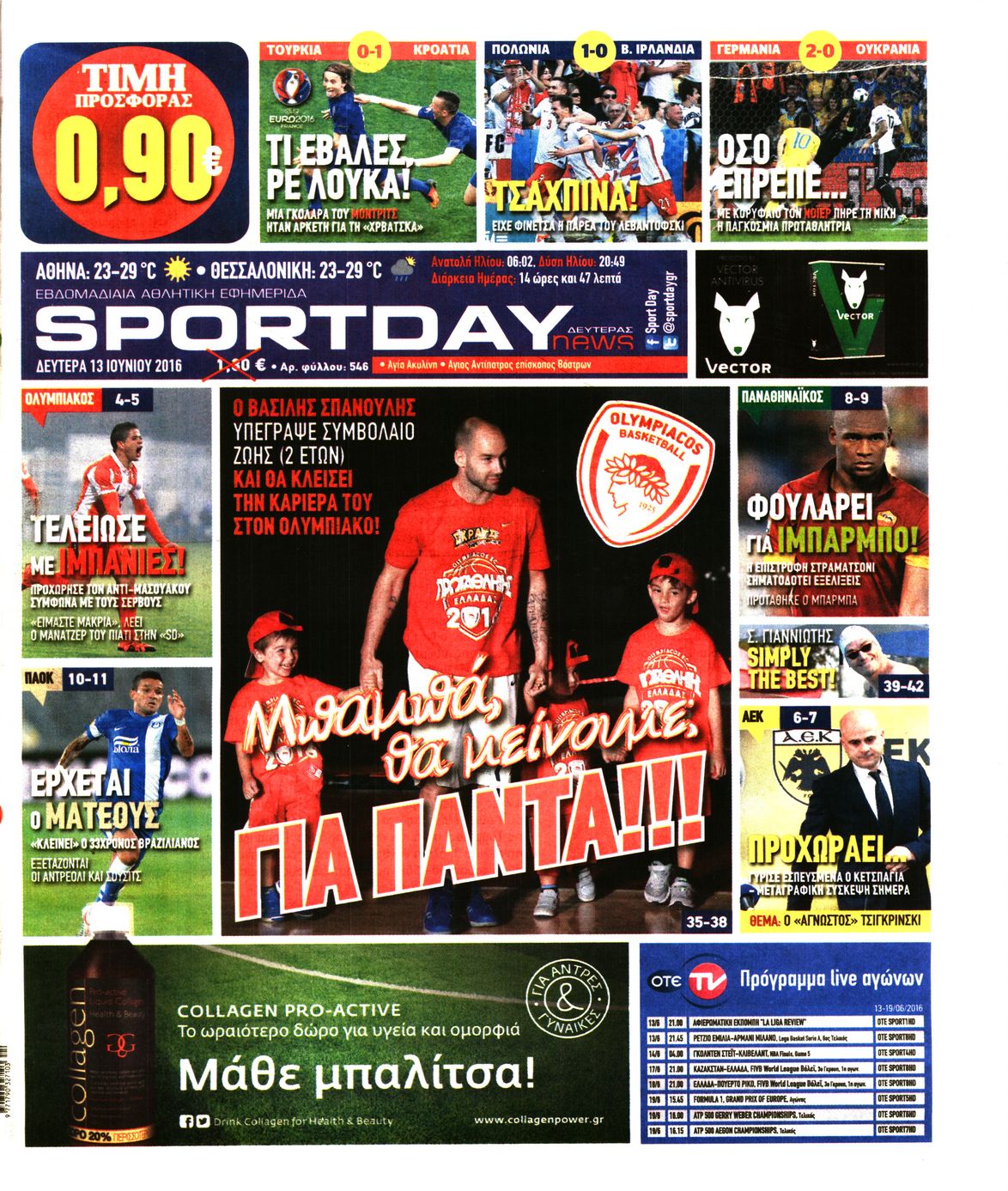 Εξώφυλο εφημερίδας SPORTDAY 2016-06-13