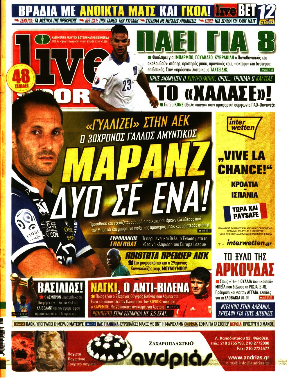Εξώφυλο εφημερίδας LIVE SPORT 2016-06-21