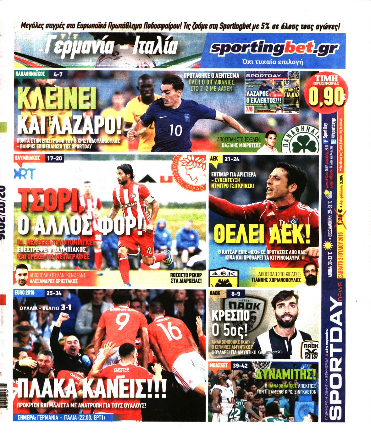 Εξώφυλο εφημερίδας SPORTDAY 2016-07-02