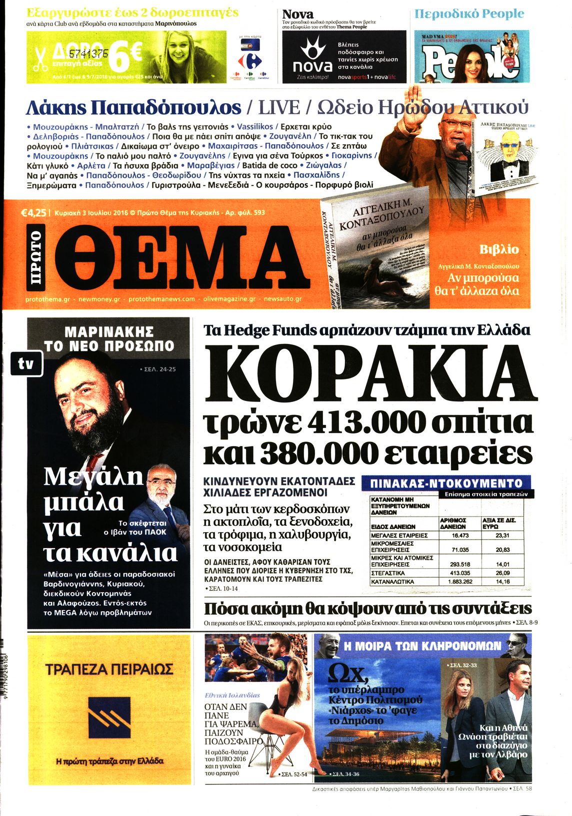 Εξώφυλο εφημερίδας ΠΡΩΤΟ ΘΕΜΑ 2016-07-03
