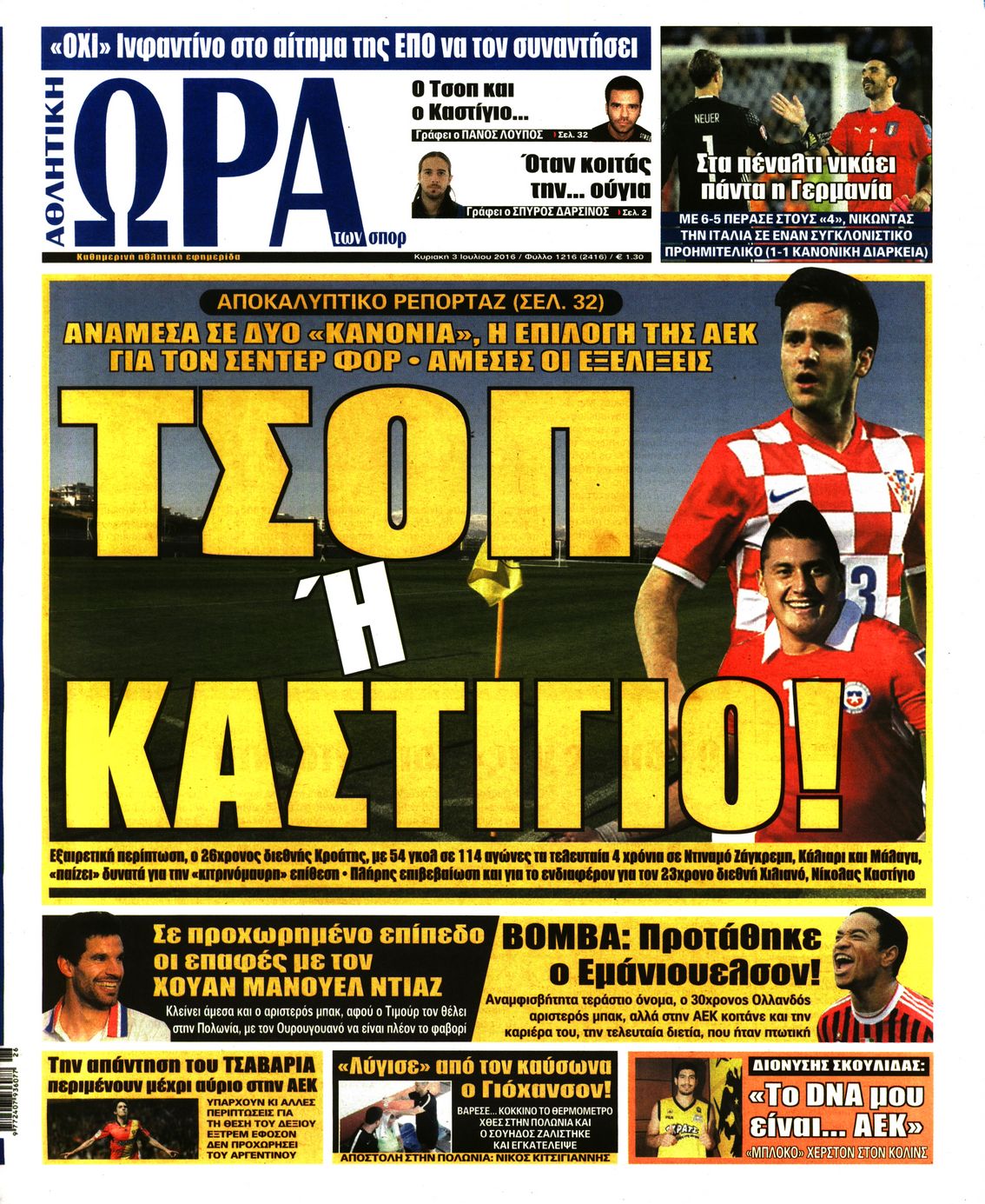 Εξώφυλο εφημερίδας ΩΡΑ ΓΙΑ ΣΠΟΡ 2016-07-03