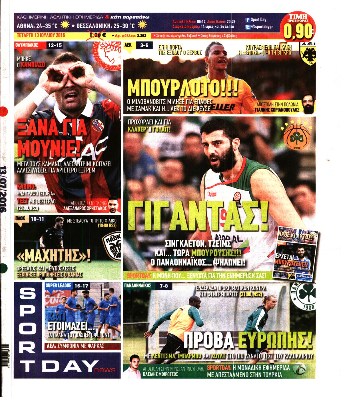 Εξώφυλο εφημερίδας SPORTDAY 2016-07-13
