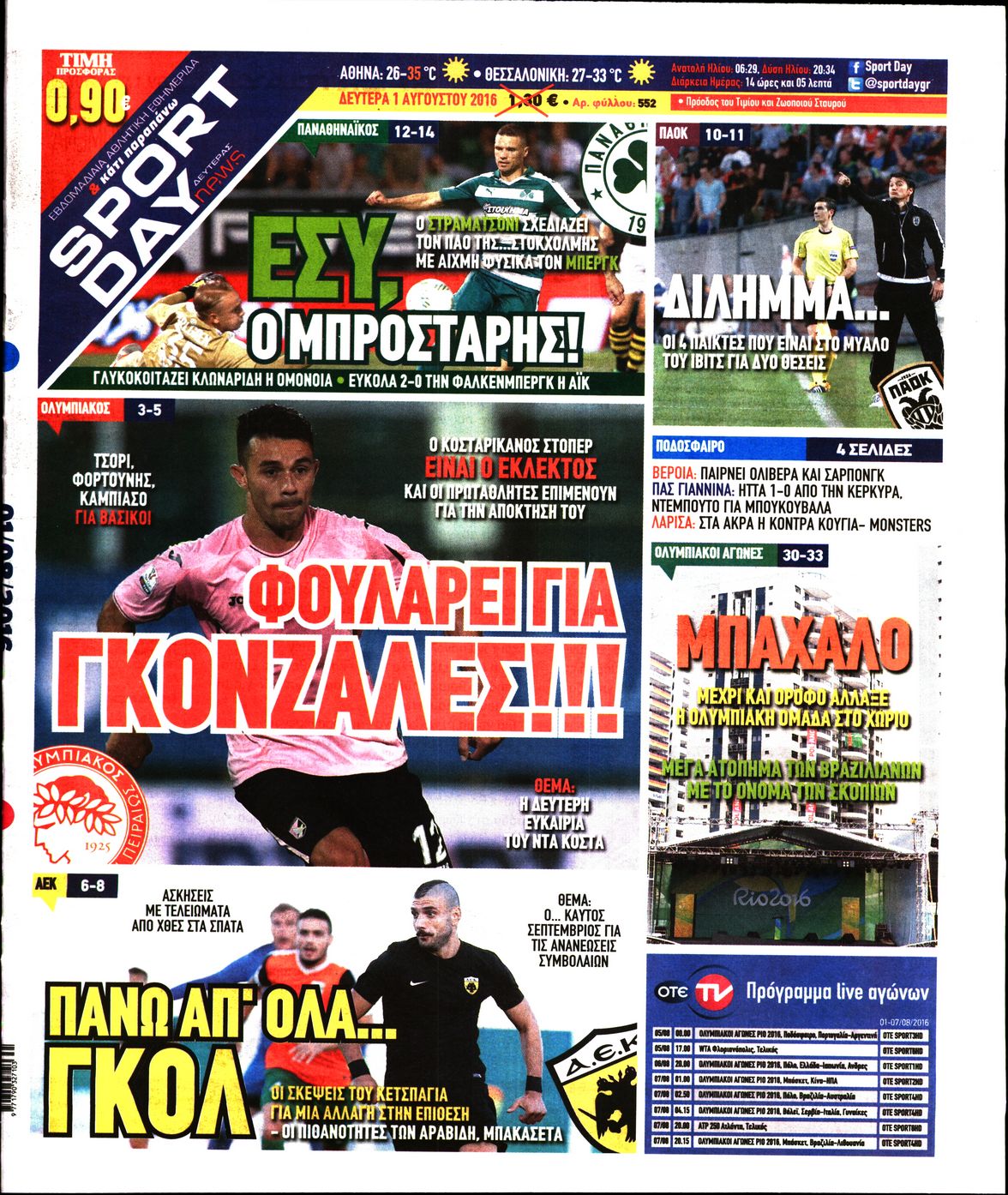 Εξώφυλο εφημερίδας SPORTDAY 2016-08-01