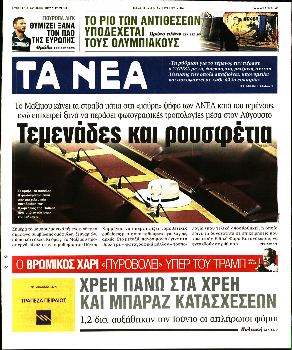 Εξώφυλο εφημερίδας ΤΑ ΝΕΑ 2016-08-05