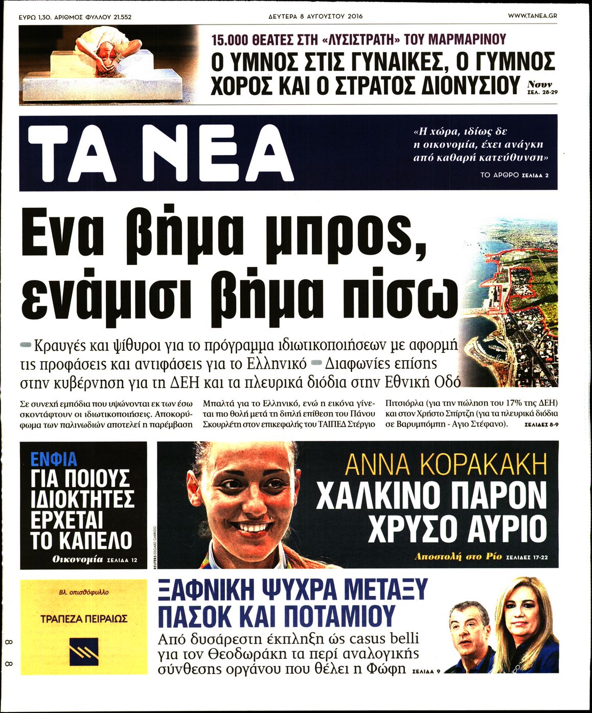 Εξώφυλο εφημερίδας ΤΑ ΝΕΑ 2016-08-08