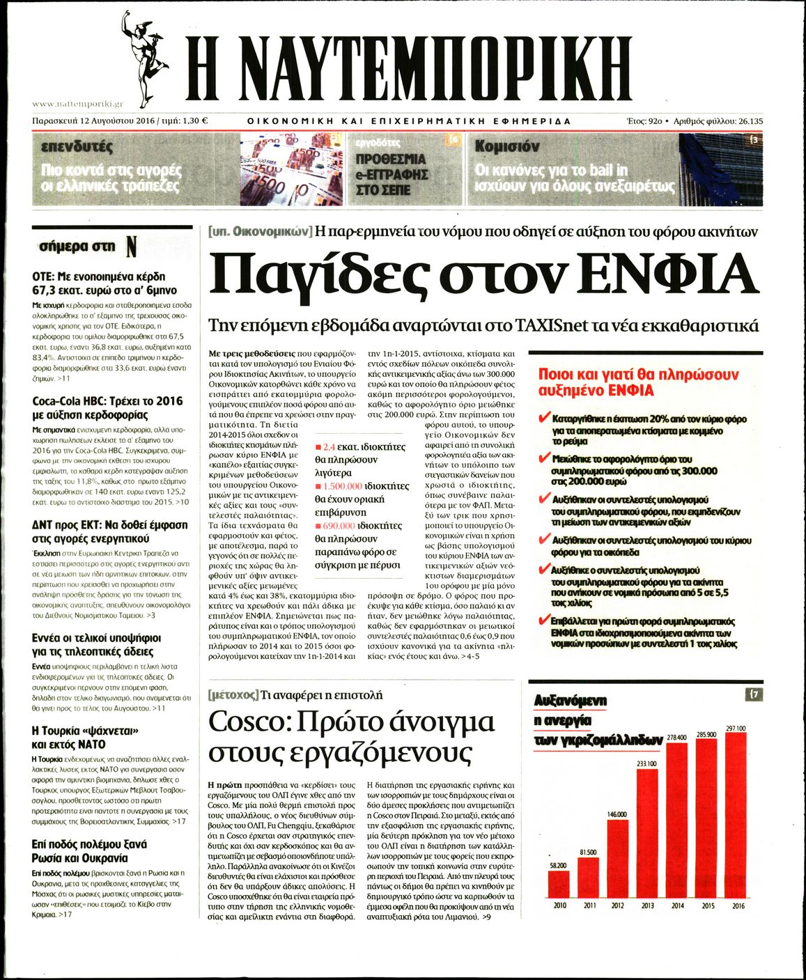 Εξώφυλο εφημερίδας ΝΑΥΤΕΜΠΟΡΙΚΗ 2016-08-12