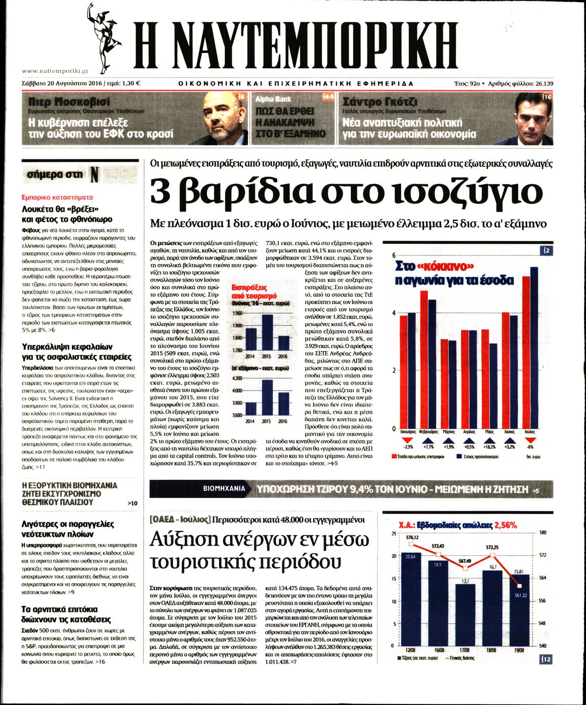 Εξώφυλο εφημερίδας ΝΑΥΤΕΜΠΟΡΙΚΗ 2016-08-20