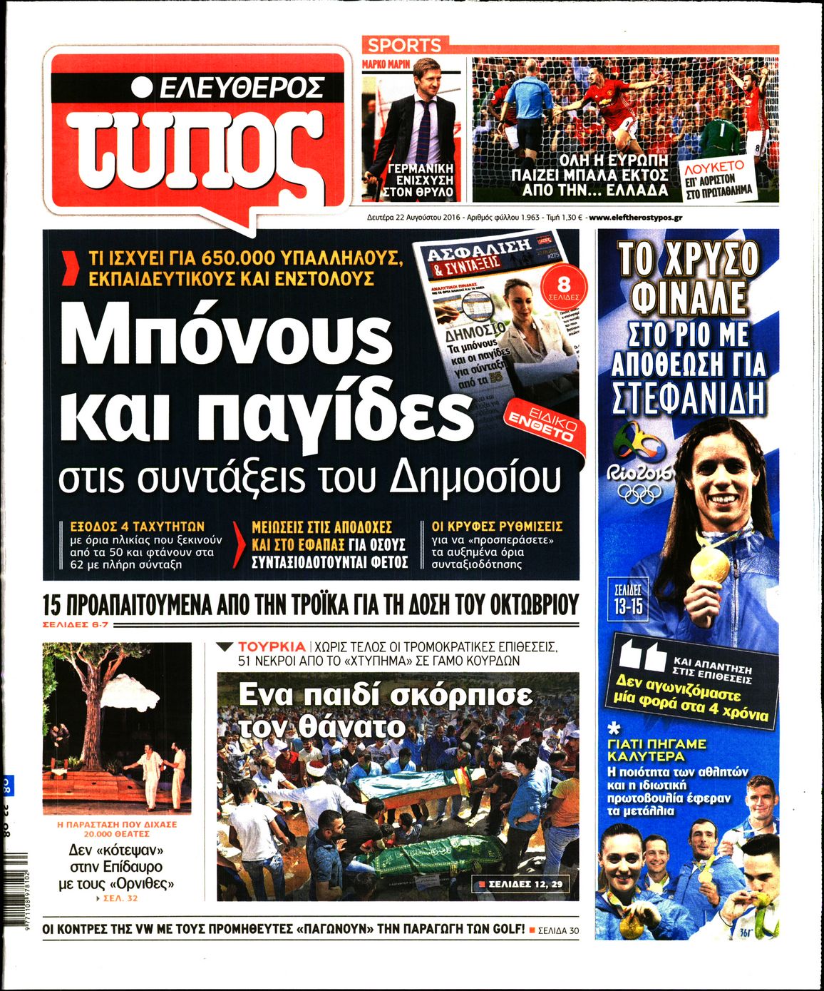 Εξώφυλο εφημερίδας ΕΛΕΥΘΕΡΟΣ ΤΥΠΟΣ 2016-08-22
