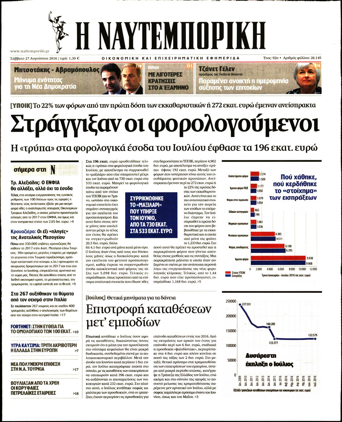 Εξώφυλο εφημερίδας ΝΑΥΤΕΜΠΟΡΙΚΗ 2016-08-27