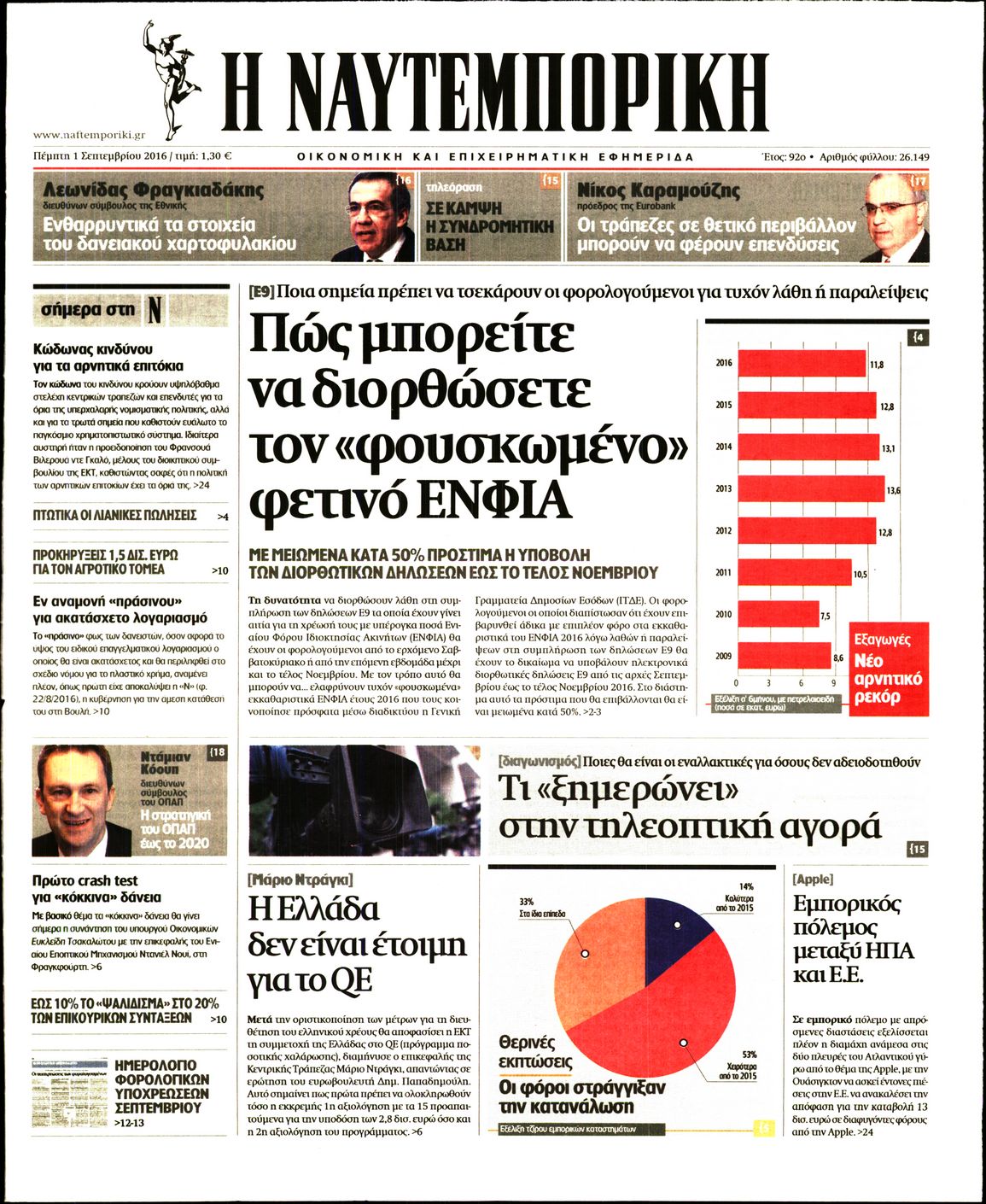 Εξώφυλο εφημερίδας ΝΑΥΤΕΜΠΟΡΙΚΗ 2016-09-01